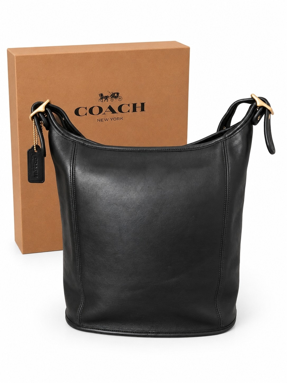NEW Vintage Coach Black Leather Slim Duffle Sac Bag Made In Costa Rica